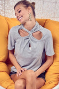 BiBi Soft Rib Knit with Twist Neck Detailed Top