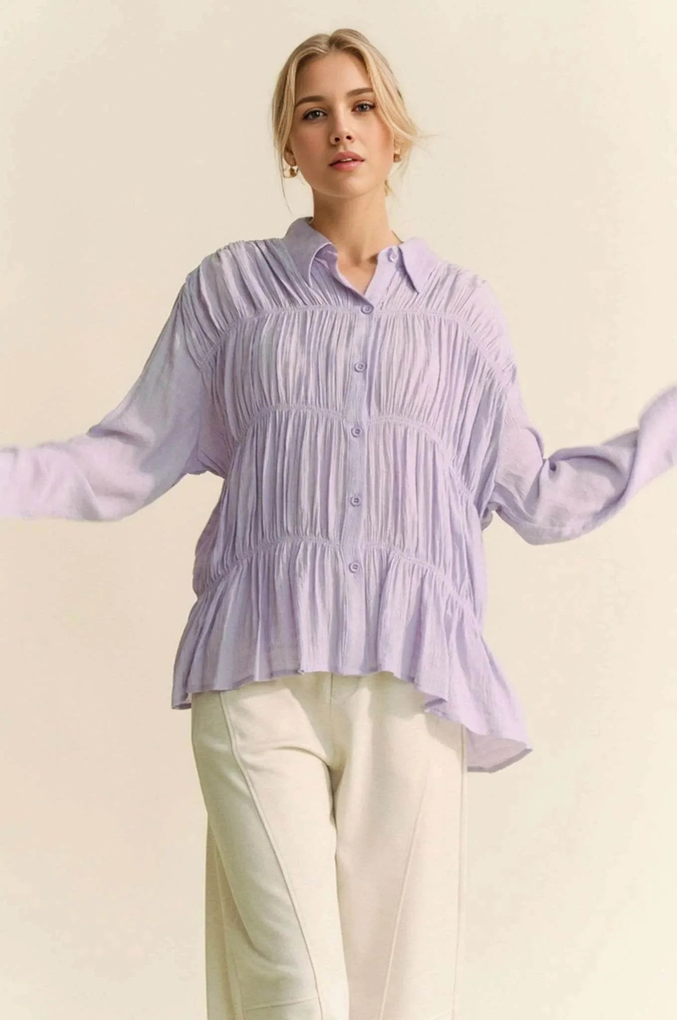 Davi & Dani Ruched All Over Button Front Shirt