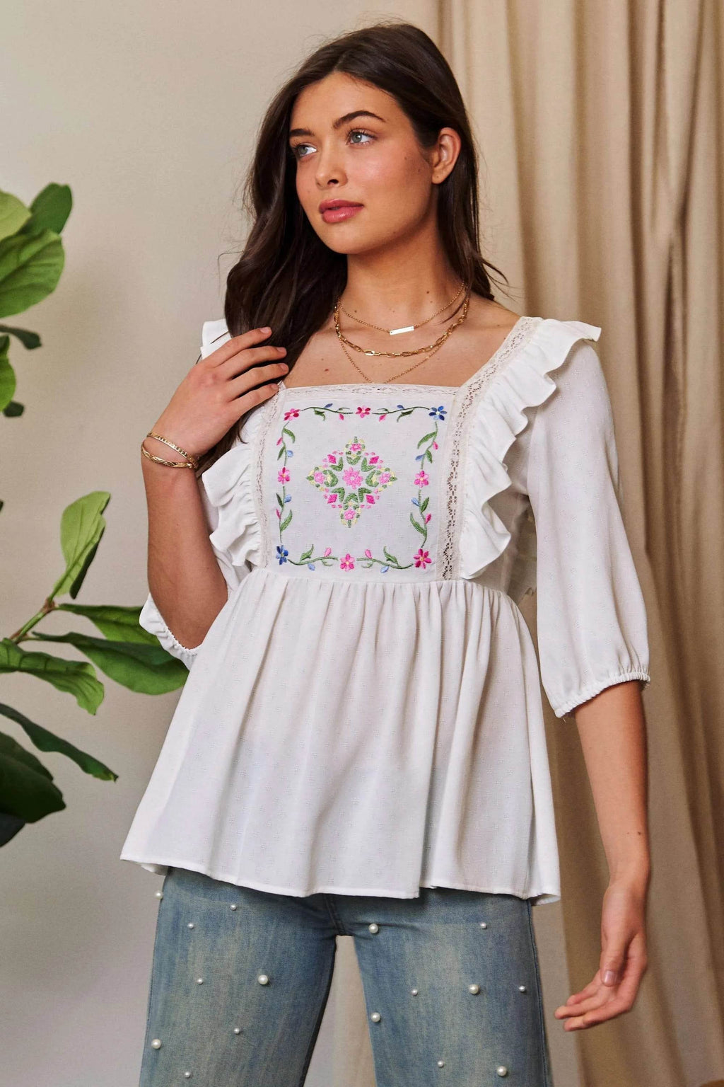 Davi & Dani Texture Tie Back Floral Embroidery Frill Blouse