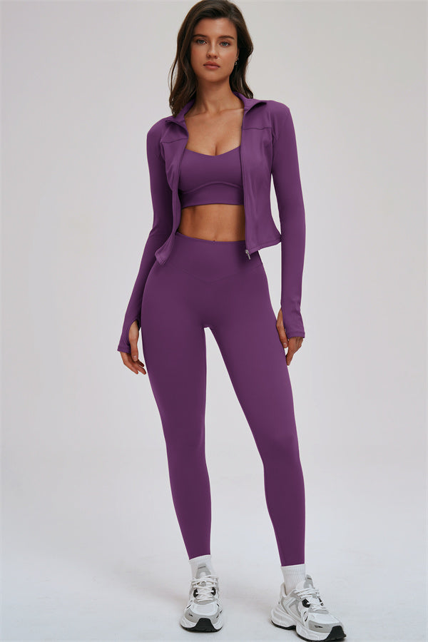 The Kinetic Zip Jacket Cross Back Sports Bra Leggings 3-Piece Set