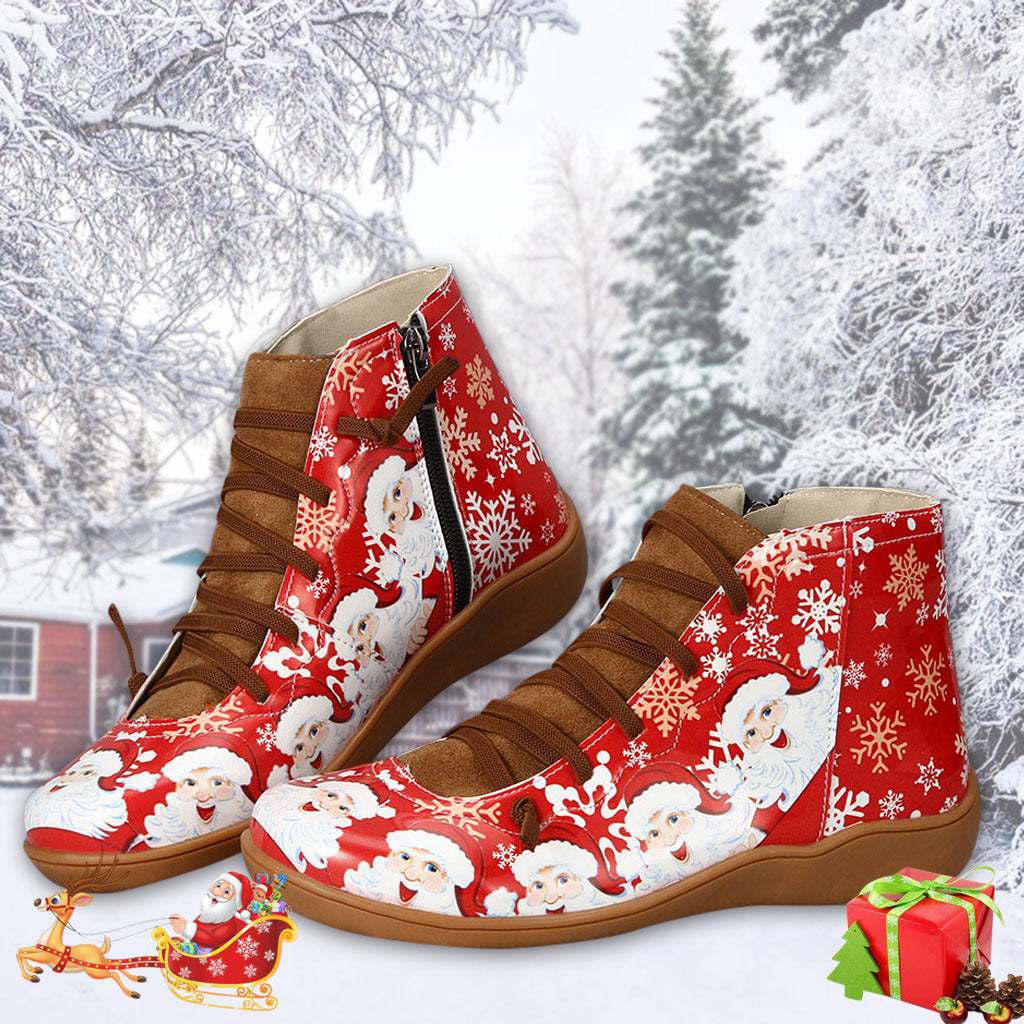 Ankle Boots Women Santa Claus Snowflake Print Flats Shoes Casual Slip-on Side Zipper Design Short Boot