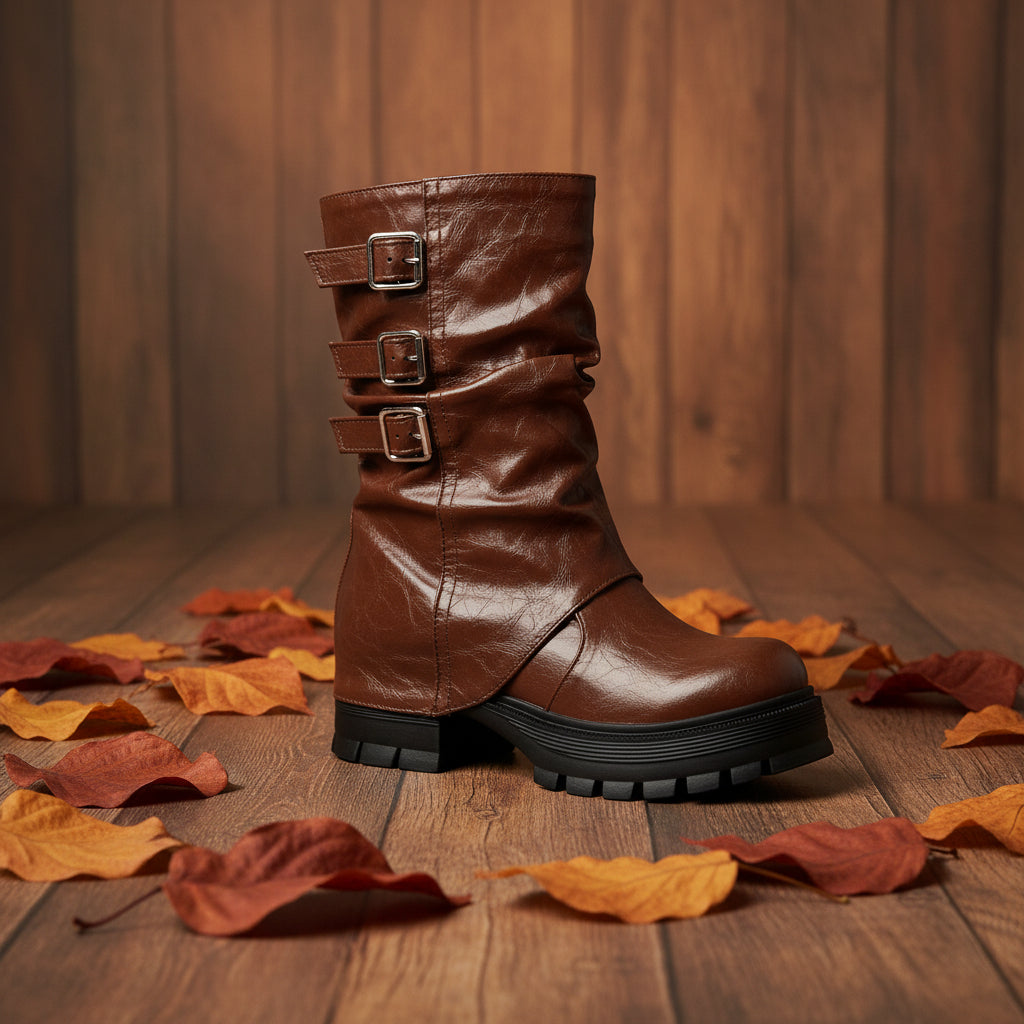 Women's Punk Slouchy Triple Buckle Mid-Calf Boots – Crinkled PU Platform