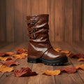 Women's Punk Slouchy Triple Buckle Mid-Calf Boots – Crinkled PU Platform