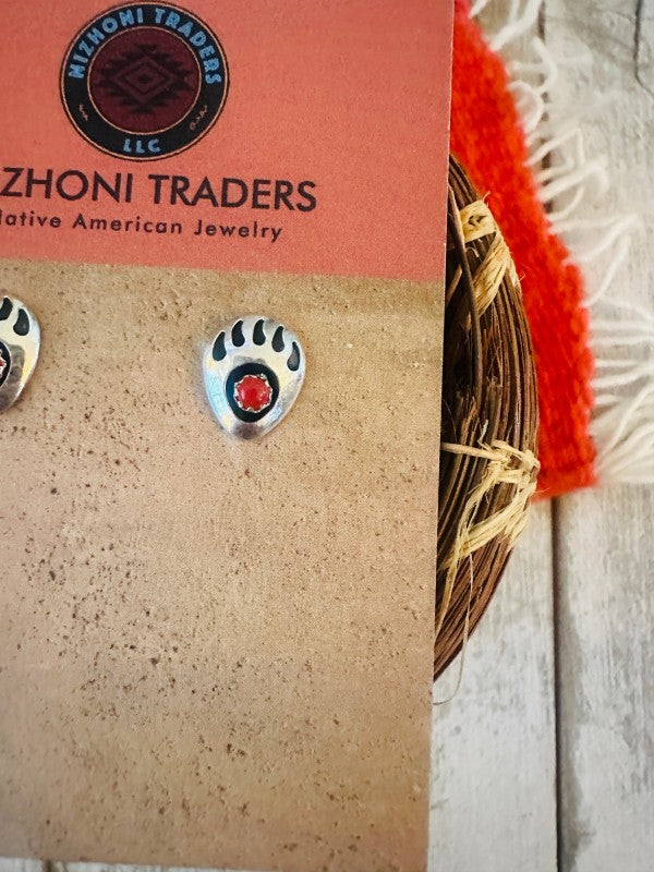 Navajo Coral & Sterling Silver Bear Paw Stud Earri