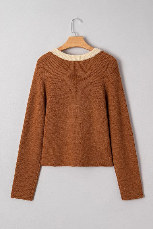 Contrast Trim Buttoned V-Neck Cropped Cardigan