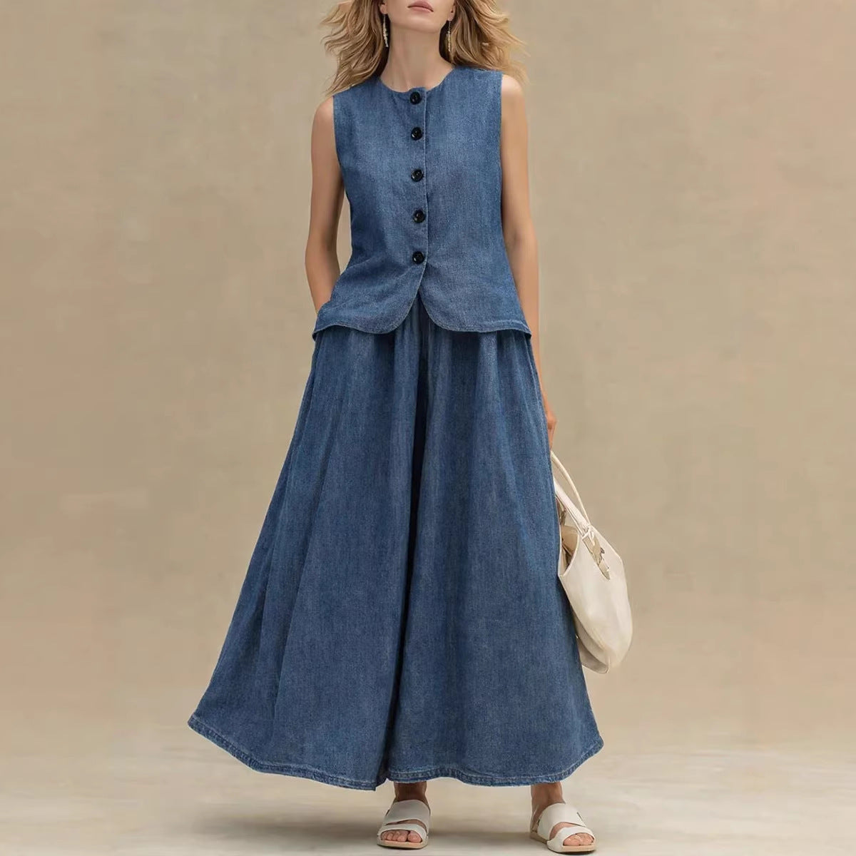 Women’s Crew Neck Denim Top and High-Waist A-Line Skirt Set