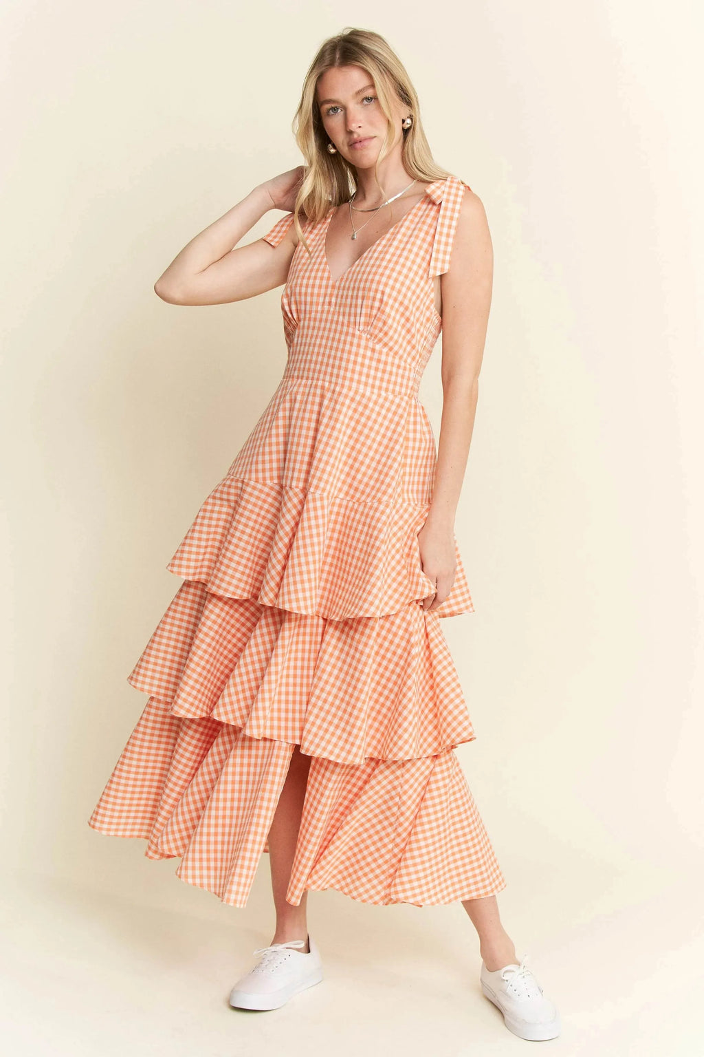 Jade By Jane Sleeveless Gingham Print Tiered Midi Dress
