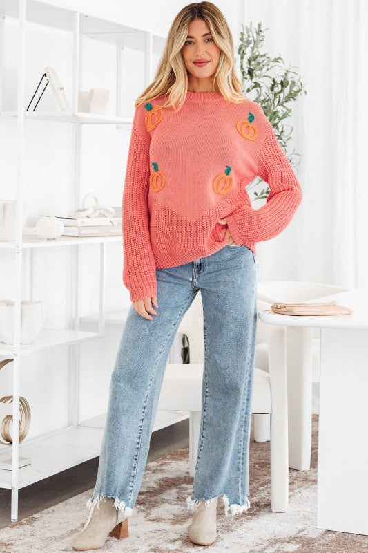 Pumpkin Embroidered Thanksgiving Holiday Sweater
