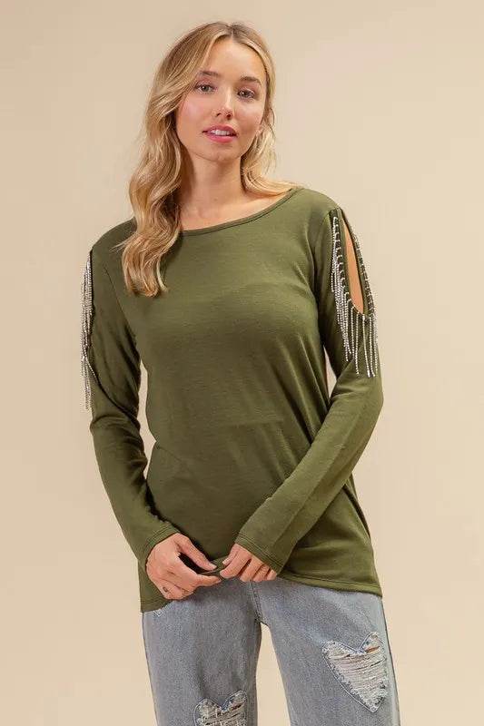 BiBi French Terry Cold Shoulder Ringstone Fringe Top