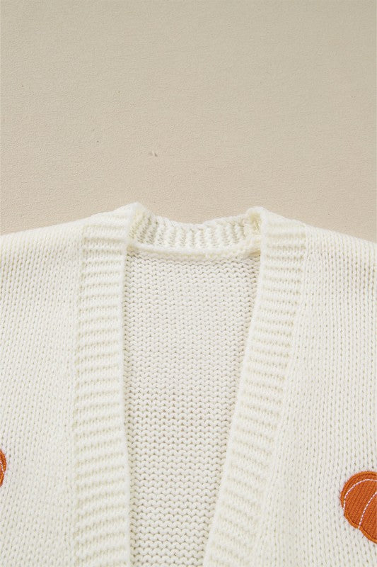 Pumpkin Embroidered Open Front Drop Shoulder Cardi