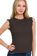 Zenana Ribbed Ruffle Trim Sleeveless Stripe Top