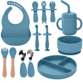 Silicone Baby Feeding Set 13PCS Baby Feeding Essentials with Suction Bowl and PlateSpoons & ForksBib & CupBaby ToothbrushBaby Led Weaning Supplies for 6+ MonthsBaby Eating Essentials (Blue)