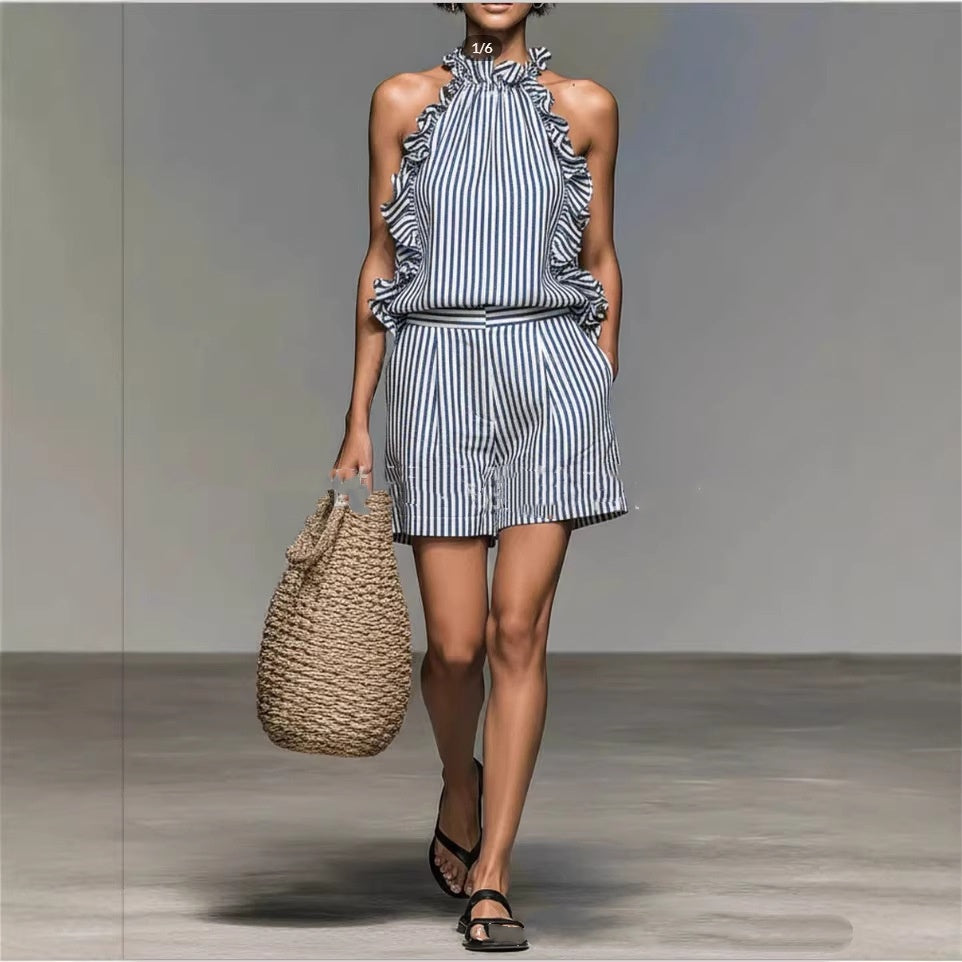 Women's Striped Stand Collar Sleeveless Top & Shorts Set