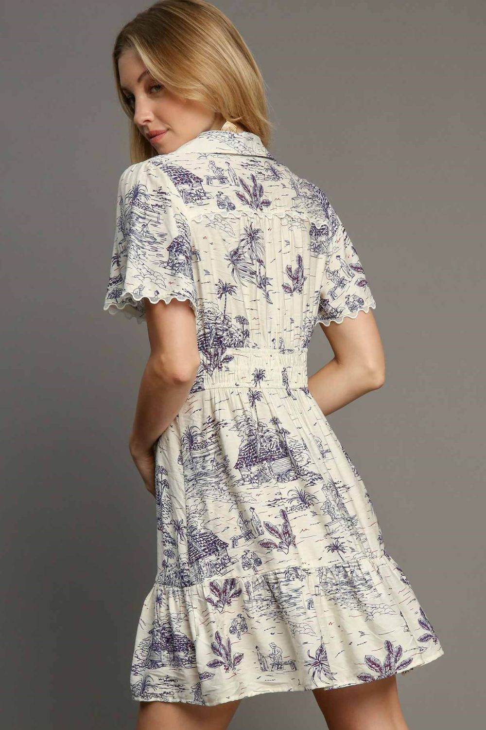 Umgee Full Size Landscape Print Collared Mini Dress Plus Size