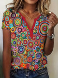 V-neck Red Candy Print Short Sleeve T-shirt Loose Casual Top For Summer