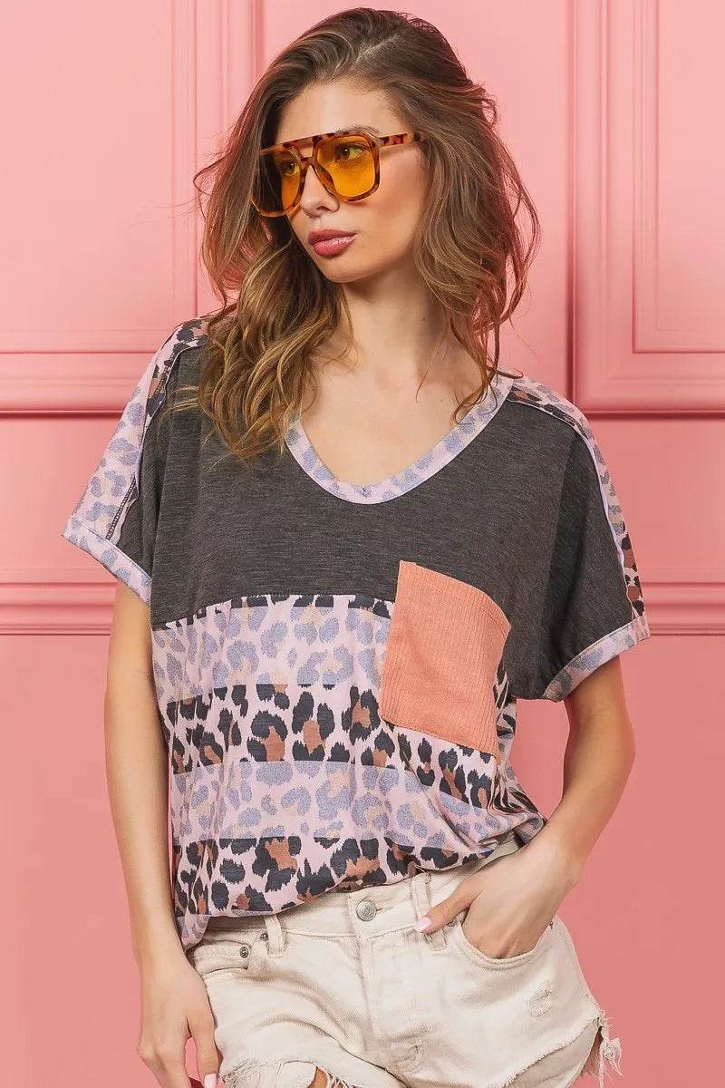 BiBi Leopard Stripe with Slub Terry Color Block T-Shirt