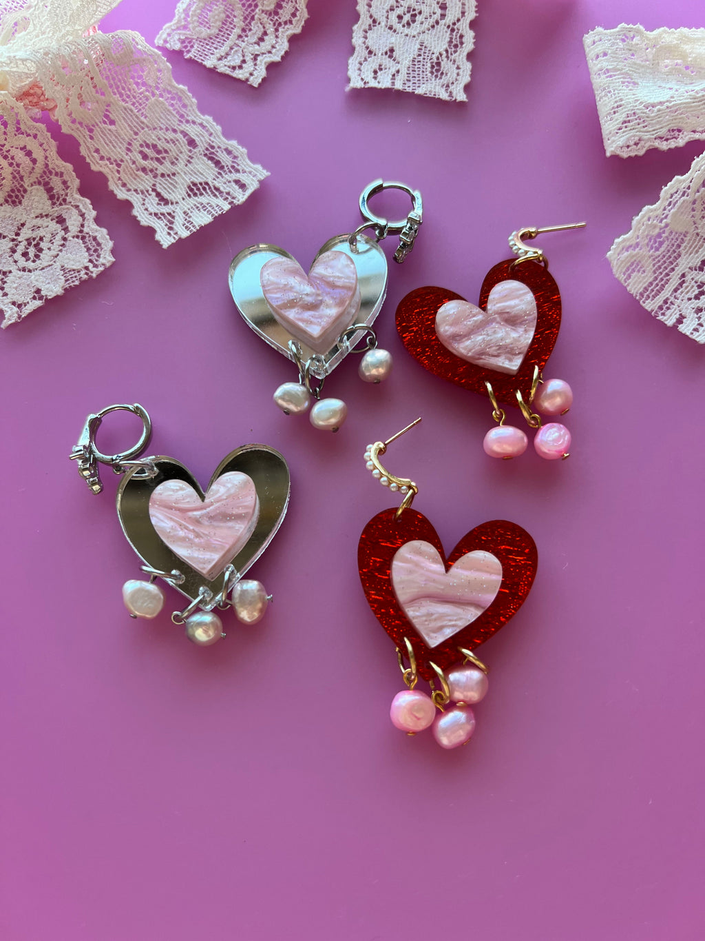 Yours Truly-Heart Pearl Dangle Earrings