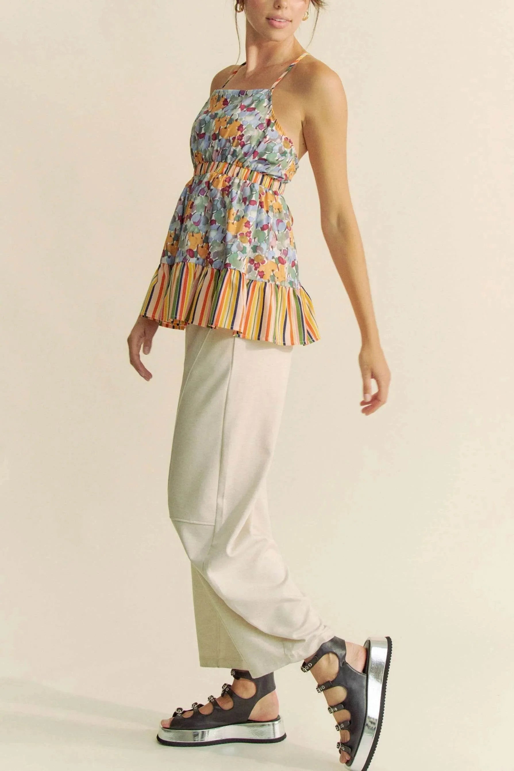 Davi & Dani Floral Smocked Sleeveless Ruffle Back Tie Top