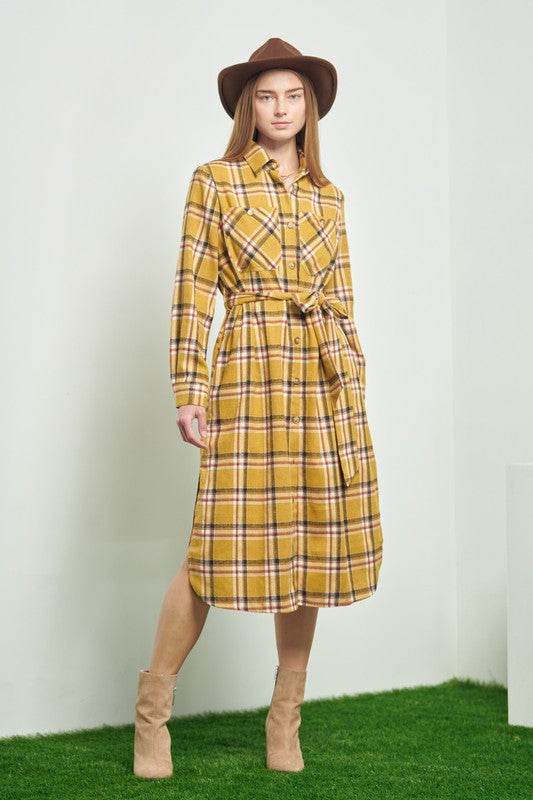PLAID PRINT COLLAR LONG SHIRT DRESS