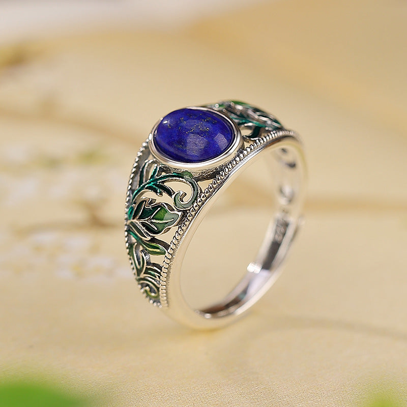 Sterling Silver Lapis Lazuli Hollow Enamel Leaf Ring