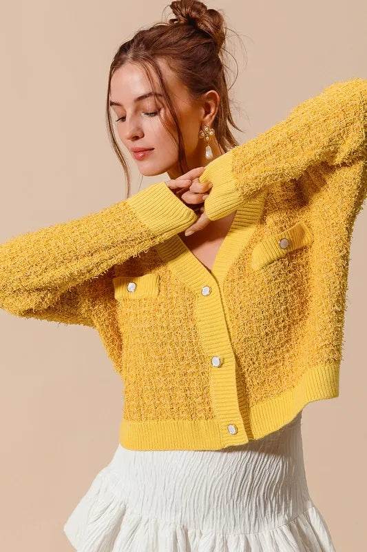 SO ME Frayed Tweed Knit Buttoned Front Cardigan