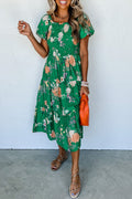 Luxury Floral Print Bubble Sleeve Smocked Tiered Midi Dress
