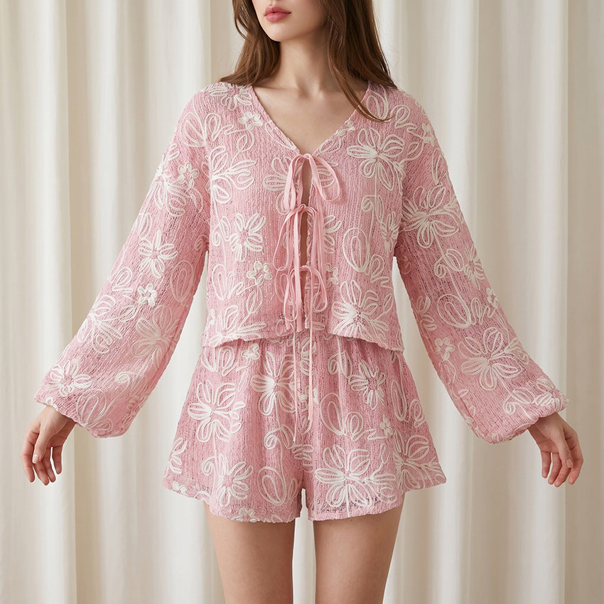 V-Neck Long Sleeve Lace-Up Top & Shorts Two-Piece Set