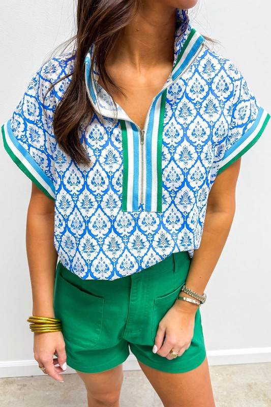 Sky Blue Colorblock Striped Collar Bohemian Print