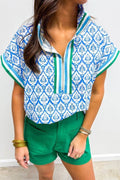 Sky Blue Colorblock Striped Collar Bohemian Print