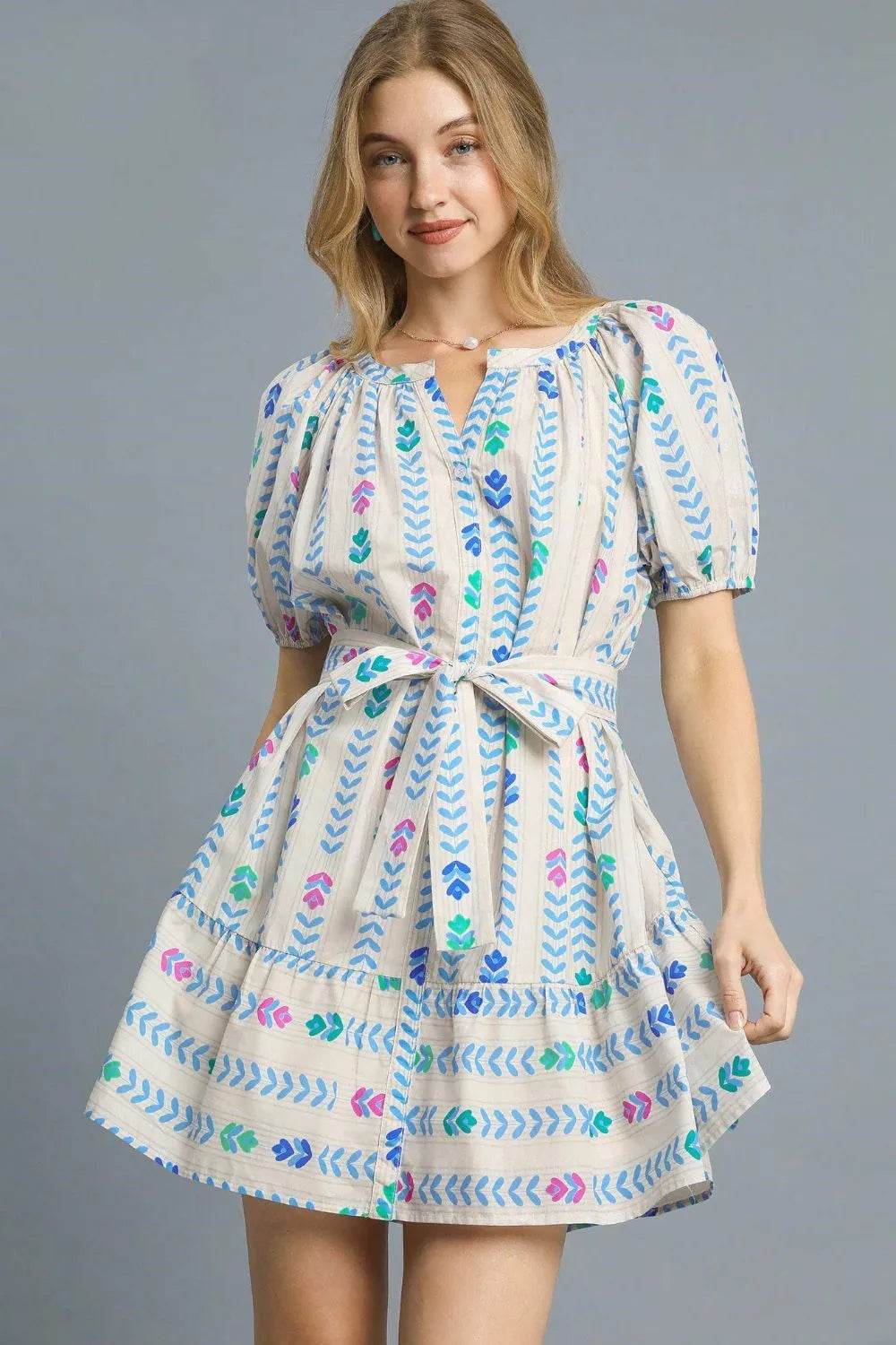 Umgee Printed Tie Waist Puff Short Sleeve Mini Dress