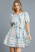 Umgee Printed Tie Waist Puff Short Sleeve Mini Dress