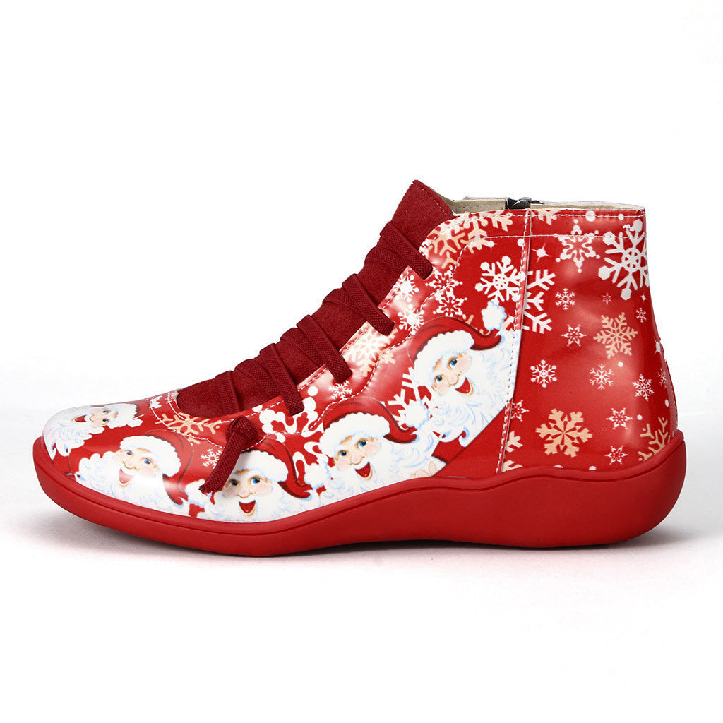 Ankle Boots Women Santa Claus Snowflake Print Flats Shoes Casual Slip-on Side Zipper Design Short Boot