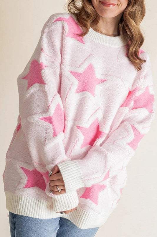 Star Ribbed Trim Drop Shoulder Oversized Sweater