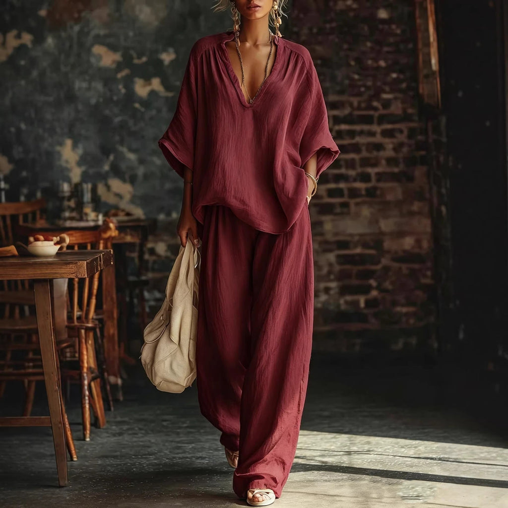 V-Neck Loose Short-Sleeve Top & Pants Set – 5 Colors, S–3XL