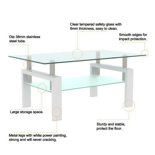 White Glass Coffee Table - Modern Clear Center Table for Living Room 39.37x23.62x17.70 Inches