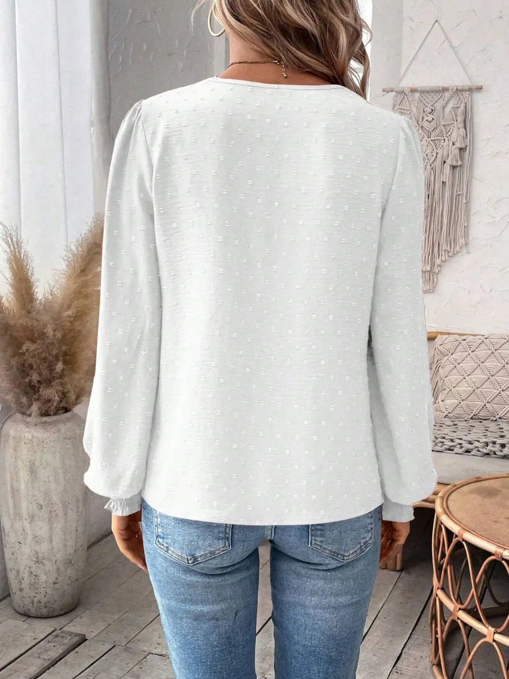 Swiss Dot Lace Detail Notched Long Sleeve Blouse – Feminine Style