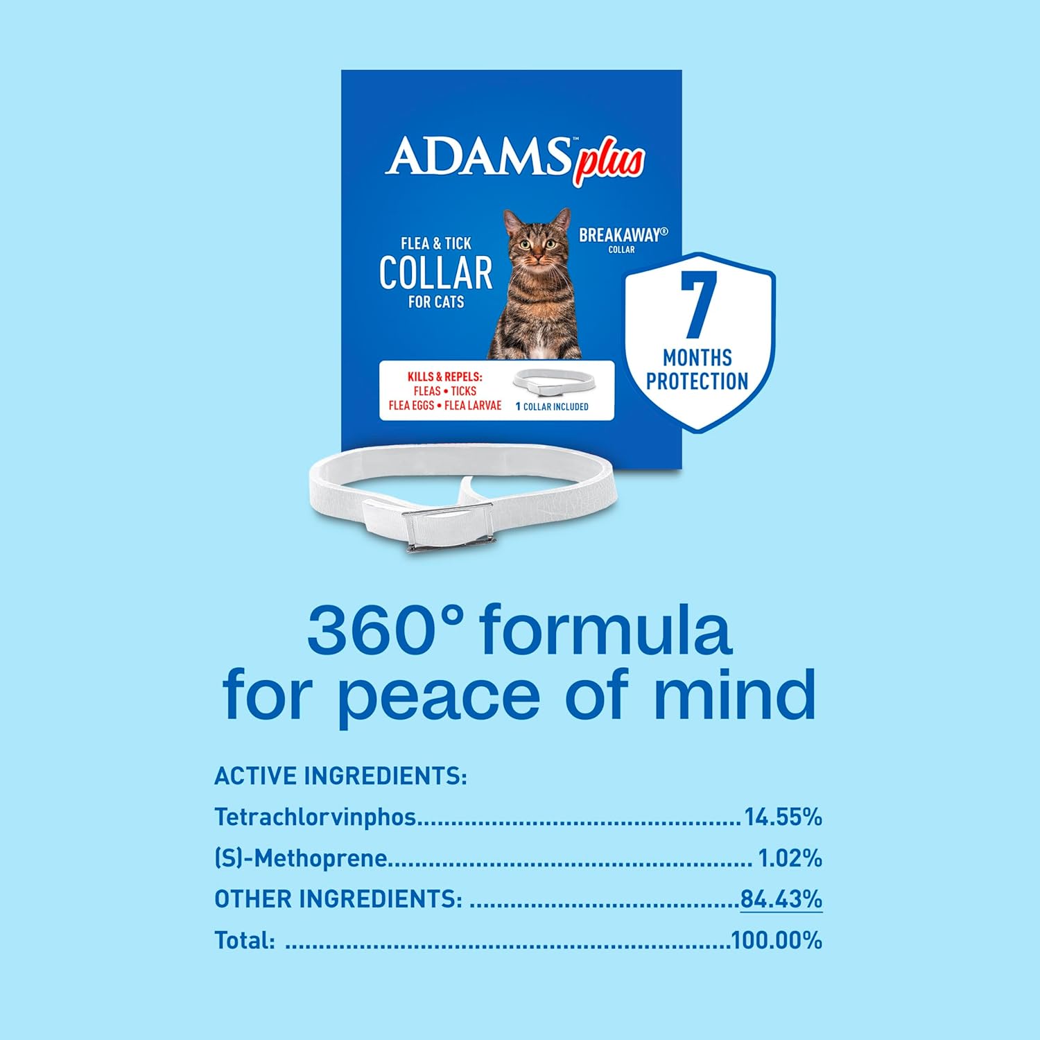 Adams Plus Flea & Tick Collar for Cats Water-Resistant Up to 7 Months Protection 3PCK