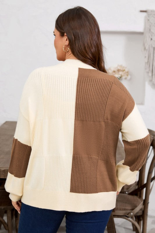 Plus Size Checker Ribbed Knit Buttoned V-Neck Card