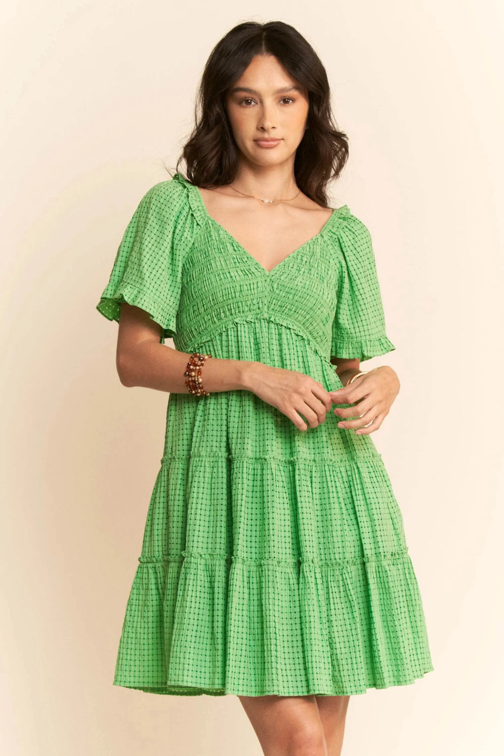 Davi & Dani Jacquard Checker Smocking Tiered Dress