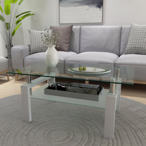 White Glass Coffee Table - Modern Clear Center Table for Living Room 39.37x23.62x17.70 Inches