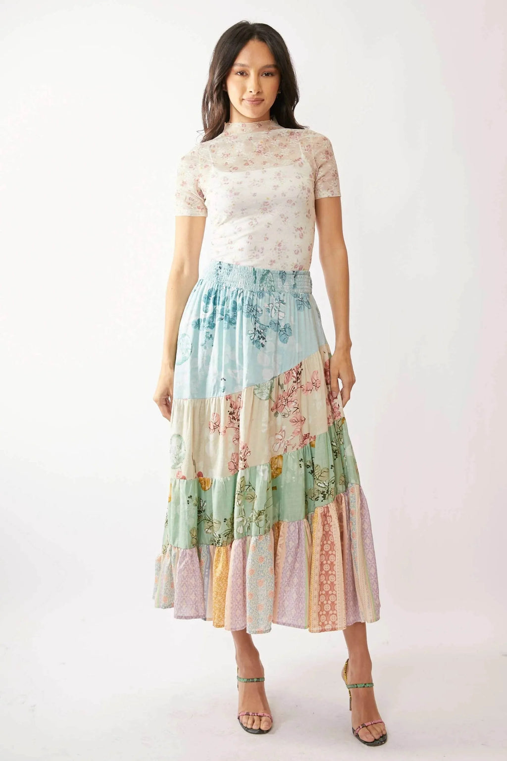 Davi & Dani Floral Mesh Mock Neck Short Sleeve Top