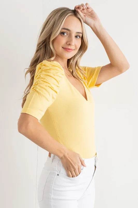 And The Why Shirring Puff Sleeve Bodysuit