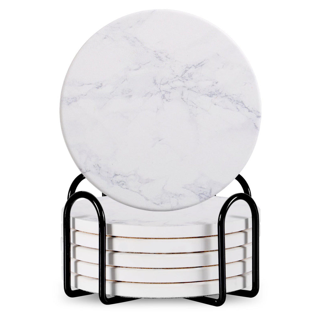 Set Of 6 Beverage Coasters With Stand Round 4in Ceramic Coaster With Metal Stand Absorbent Marble Stone Coaster With Cork Base
