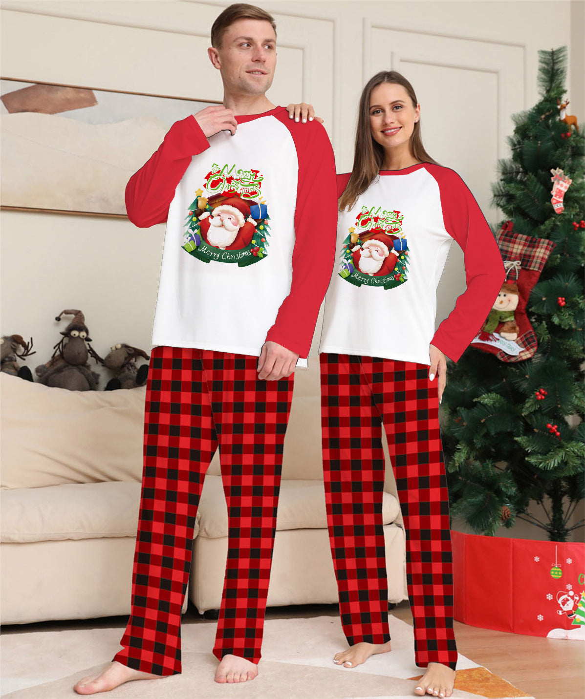 Parent-Child Clothes Set Long Sleeve T-Shirt Plaid Pants Family Matching Pajamas