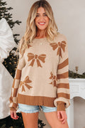 Bow Checker Stripe Patchwork Sleeve Sweater