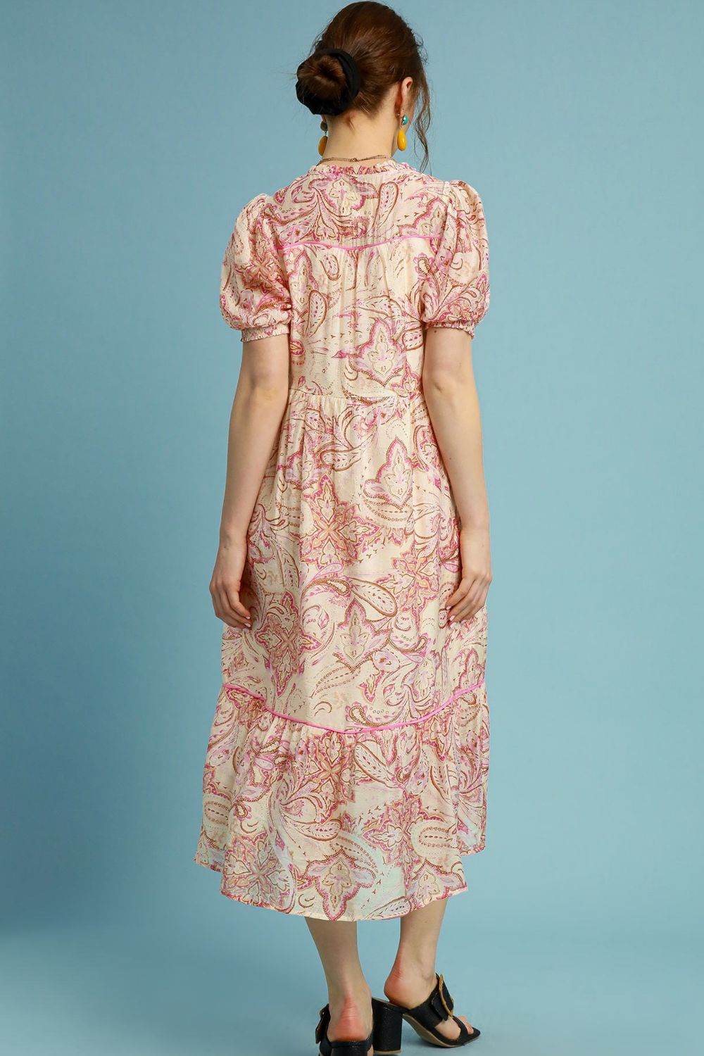 Umgee Full Size Printed Puff Short Sleeve Midi Dress Plus Size