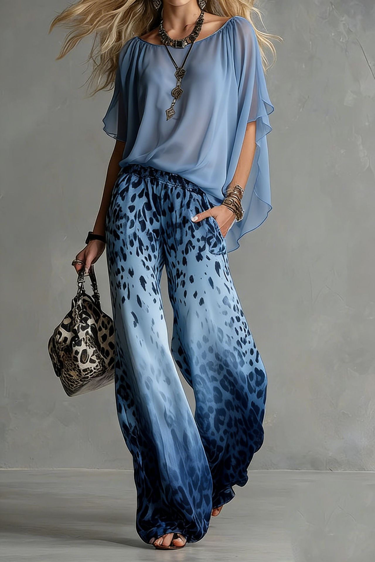 Chiffon Puff-Sleeve Top & Wide-Leg Pants Set – 15 Colors