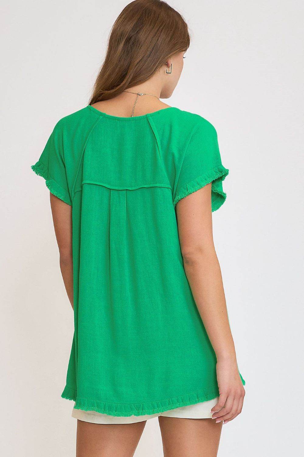 Umgee Full Size Seam Detail Linen Ruffle Fringe Edge Top Plus Size