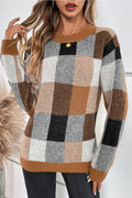 Plaid Print Round Neck Knit Loose Fit Sweater