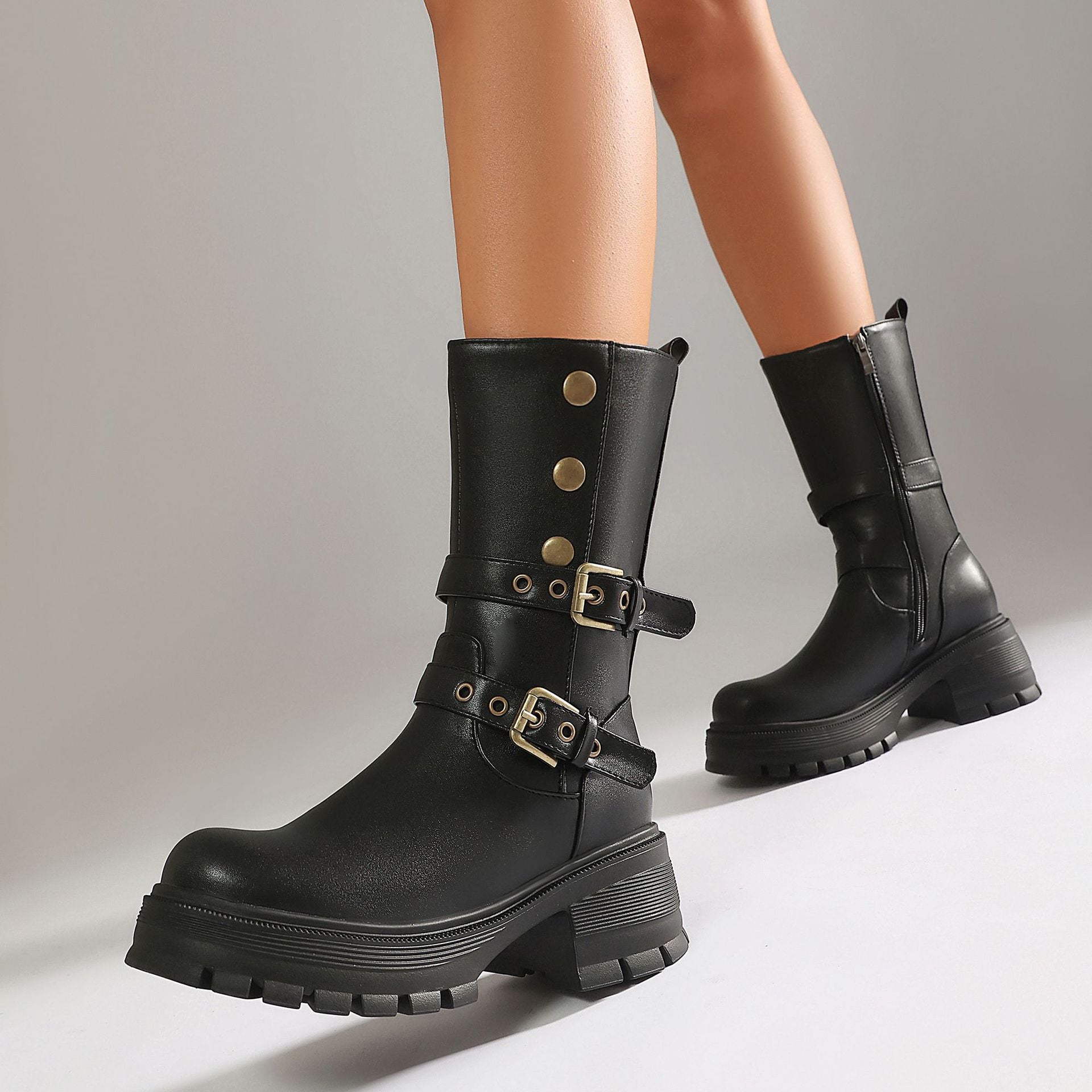 Women's Punk Moto Boots – Dual Buckle Strap Studded Platform Block Heel